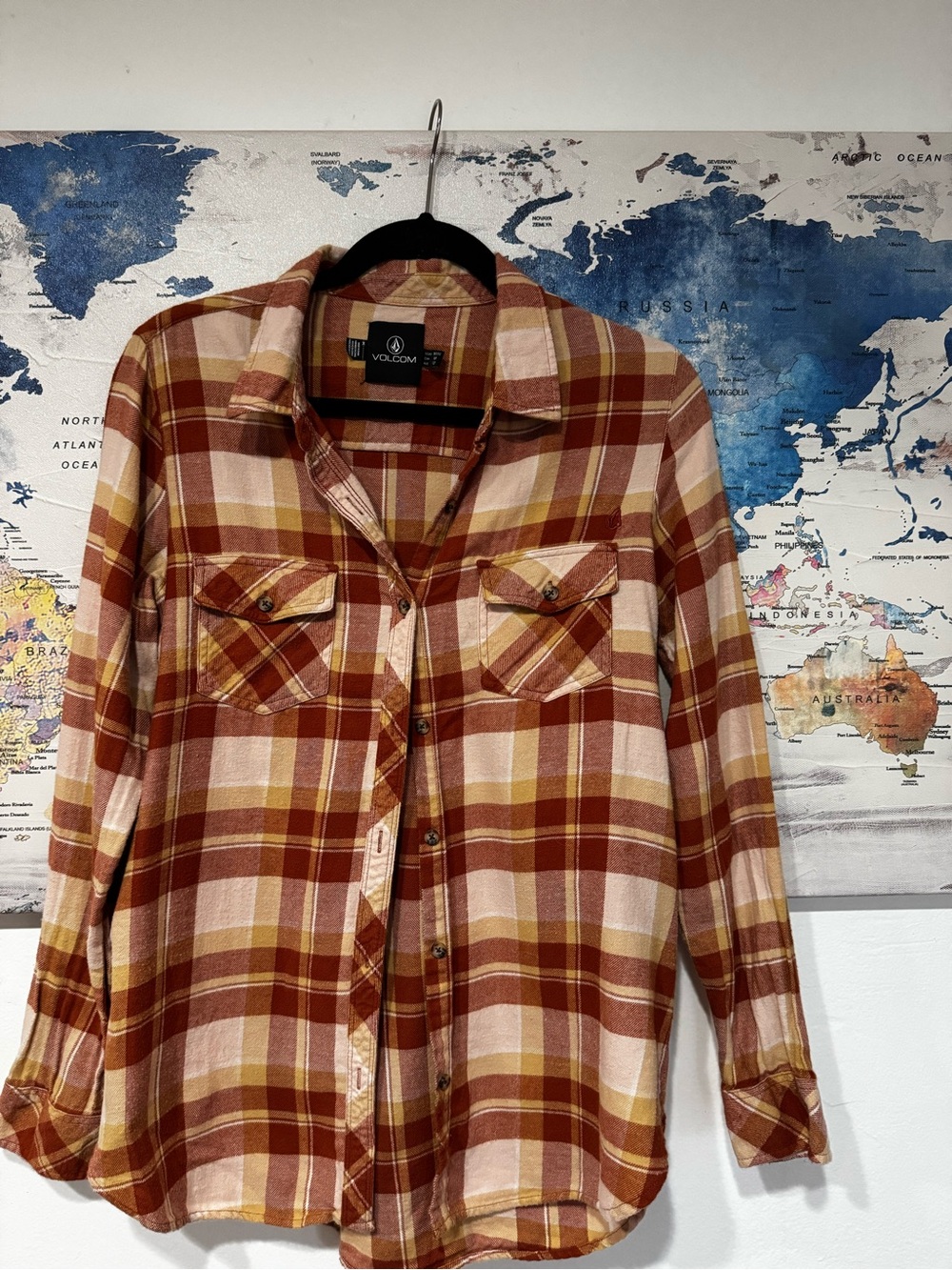 Volcom Men's Rust, Cream & Mustard Plaid Button-Down Shirt